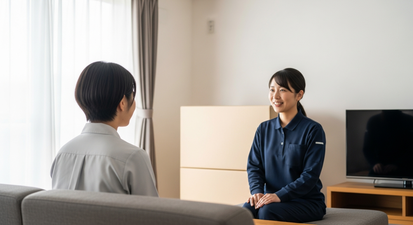 リビングで引越会社の営業と話す様子を後ろから見た場面