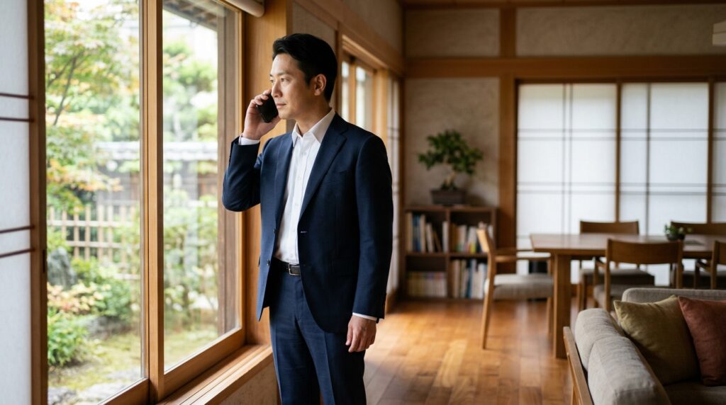 引越しの営業が窓際で電話をかけて確認している場面