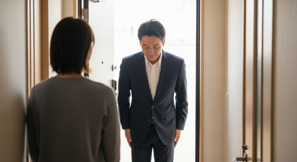 訪問見積もりを終えて玄関先で頭を下げる営業担当