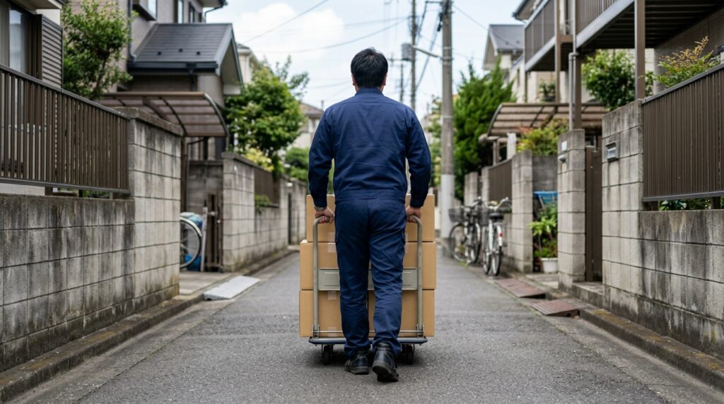 台車を両手で押して、横持ちで荷物を運ぶ作業員