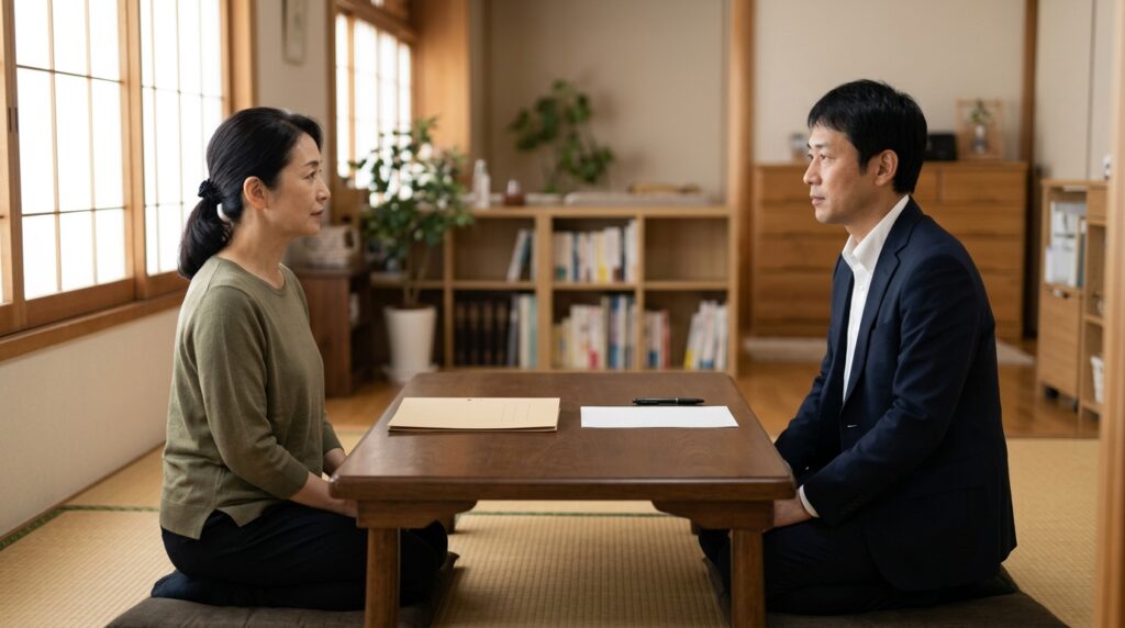 訪問見積もりの場。営業とお客様が見積書を挟んで向かい合っている