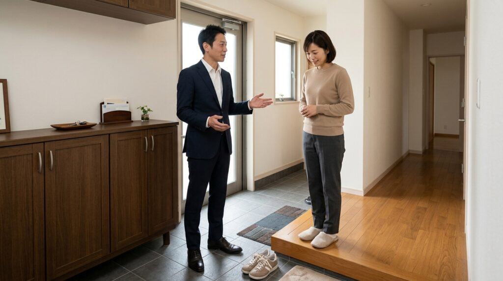 玄関先で、引越会社の営業が書面を渡さずに口頭で金額を伝えている場面