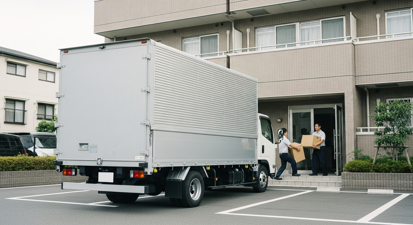 マンション前に停まった2tの箱型トラックと搬入する作業員