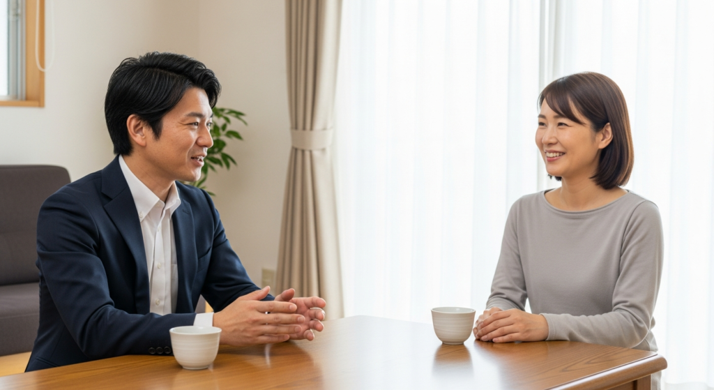 部屋で引越しの条件を相談する営業とお客様