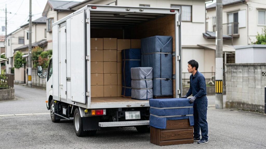 積みきれずに残った荷物。段ボールは荷台の奥から積まれている