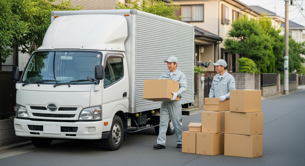 当日に運び出される荷物と箱型トラック