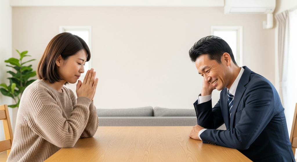 値引きを頼むお客様と、困り顔で笑う営業