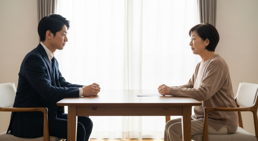 訪問見積もりで営業が何を見てるかを聞きながら向かい合って話す場面
