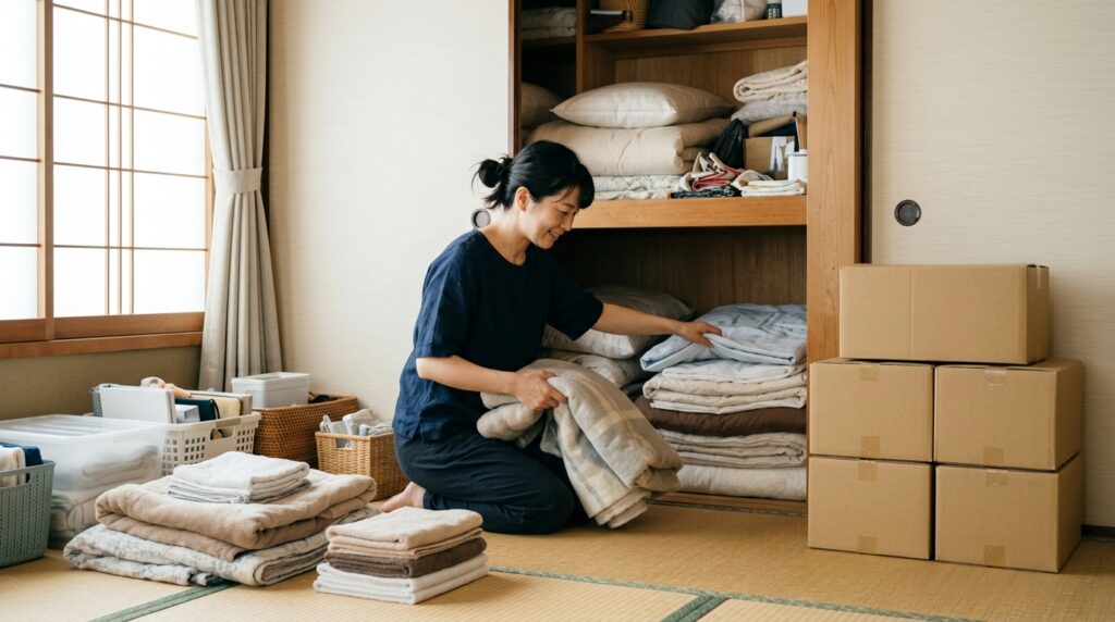押入れの奥から出した物が床に広がる、荷造り中の和室