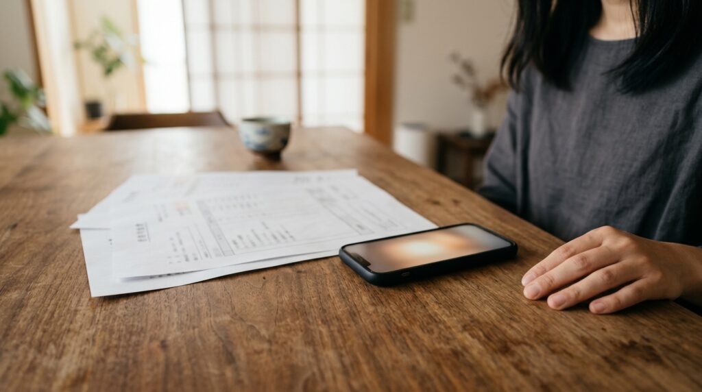 数社分の見積書の横で光るスマートフォン