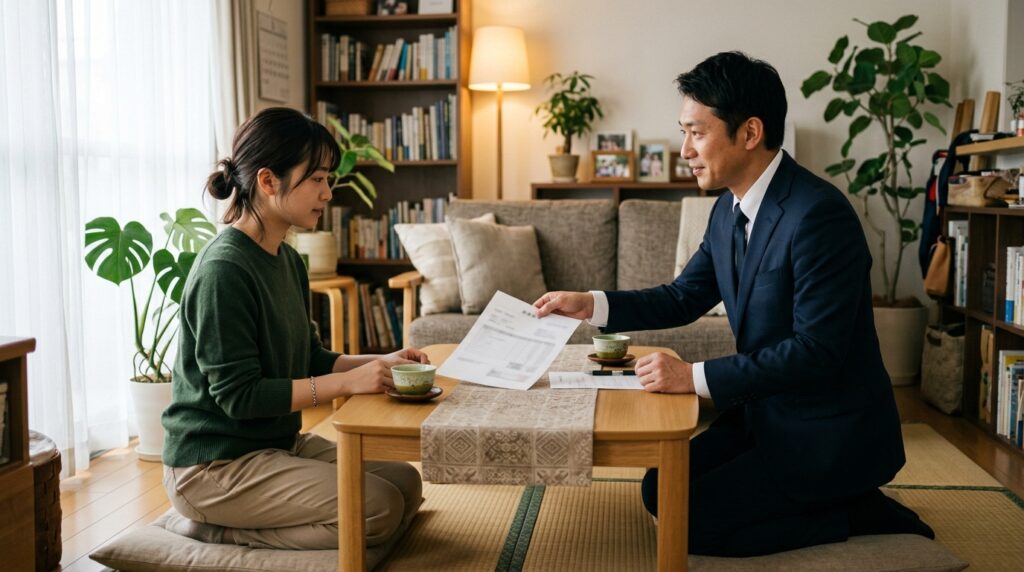 リビングで営業がお客様に引越しの見積書を差し出している場面
