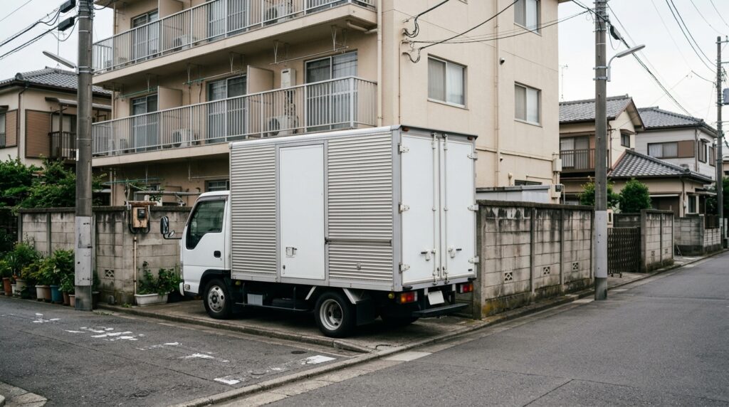 住宅街の道路に停まった無地の2トン箱型トラック