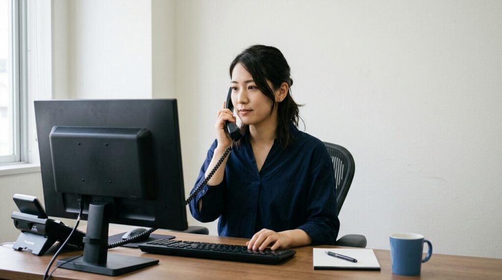 問い合わせの情報を受け取って電話をかけている受付の担当者