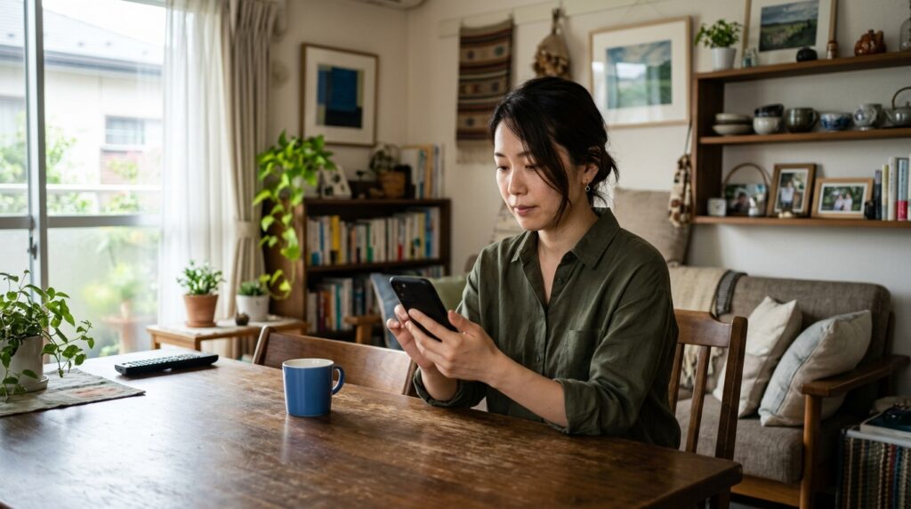 引越しの見積もりをメールだけで依頼しようとスマートフォンを持つ人