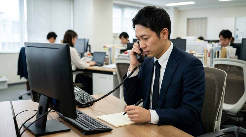 オフィスで固定電話をかける引越会社の担当者