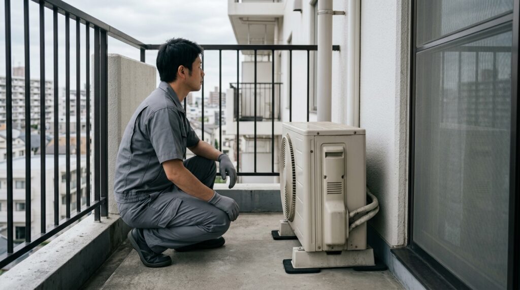 外せない項目である電気工事の脱着を待つ作業員とベランダの室外機