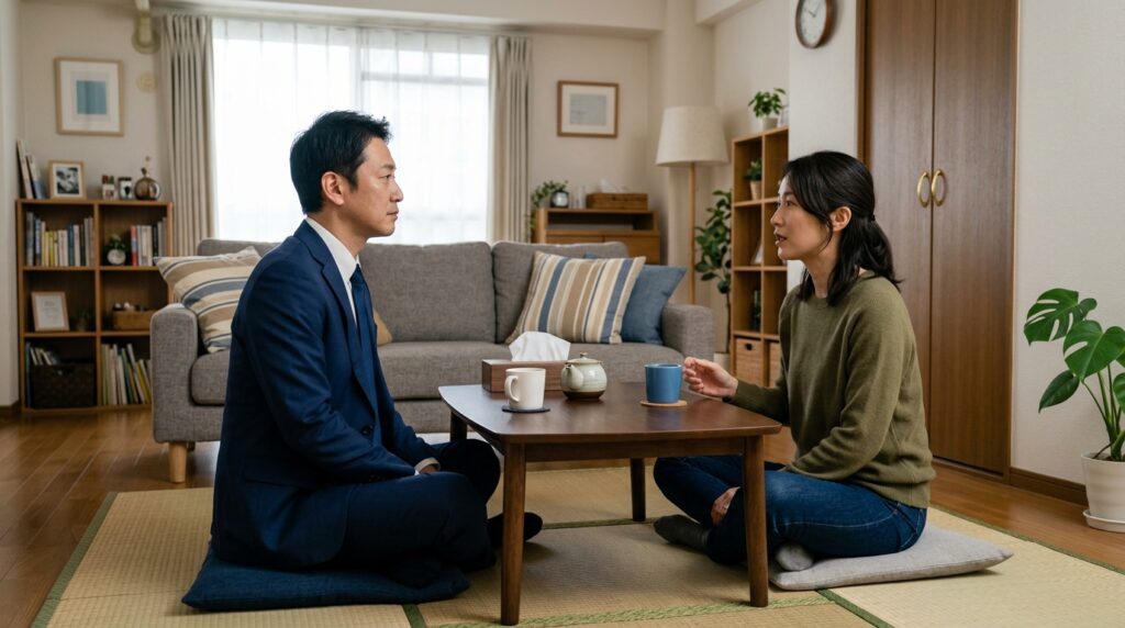 訪問見積で部屋の様子も見ている営業担当者とお客様
