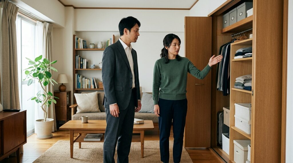 訪問見積で収納の中を一緒に確認する営業とお客様