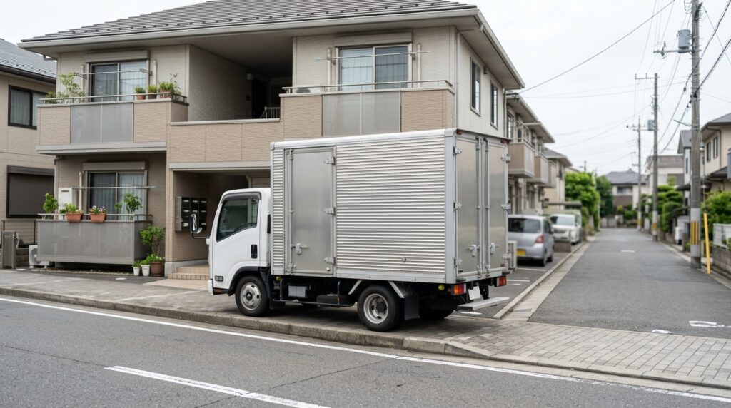 建物の前の指定された場所に停めた引越しのトラック